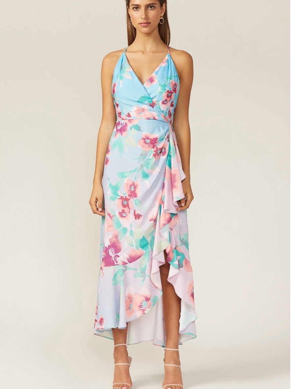 Adelyn Rae Maisy Floral High Low Midi Dress Blue Pink Ruffle Hem Size M EUC
